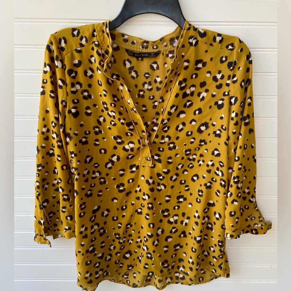 Zara Mustard Yellow Cheetah Leopard Spot Peplum Top Blouse